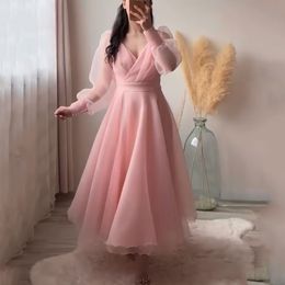 V Neck Evening Dress Long Sleeve Organza Formal Party Prom Gown with Puffy Sleeve
