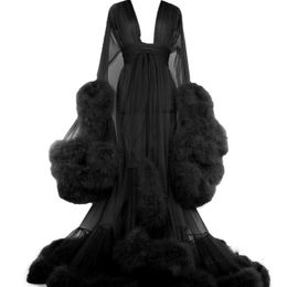 2021 Black Fur Night Robe Bridal Long Sleeves Sleepwear See Through Sexy Party Nightgowns Robes Custom Made 258M