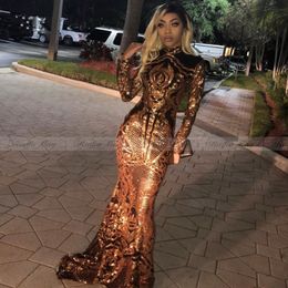 Sparkly Gold and Black Mermaid Prom Dresses with Long Sleeve 2019 Real image High Neck Sequins Lace Muslim Arabic Evening Gowns 265S