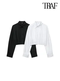 Women's Blouses -Cropped Shirts For Women Lapel Collar Long Sleeve Front Button Elastic Hem Female Chic Tops Fashion