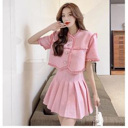 Work Dresses Summer Small Fragrance Two Piece Set Simple Short Sleeve Jacket Coat High Waist A-Line Mini Skirt Suits Women's Clothing