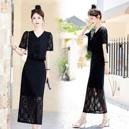 Work Dresses Women's Short Sleeve Lace Blouse Shirt Skirt 2024 Summer Chinese Tranditional 2 Pieces Suits Ladies Dress Sets