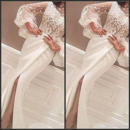 2019 Newest Evening Dresses Gowns Floor Length High Neck Lace Appliques Long Big Sleeve Mermaid Side Slit Prom Dresses White Arabic 595 240l