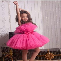 Fuchsia Flower Teens Dresses Strapless Tiered Bow Sash Tulle TUTU Girls Pageant Dress Mini Short Kids Birthday Gowns First Communion Dr 289B