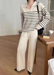 Women's Two Piece Pants 2024 Spring Women Sweater Set Casual Pullovers Suits Striped Color Contrast Knitted Long Sleeve Elegance Tops Wide