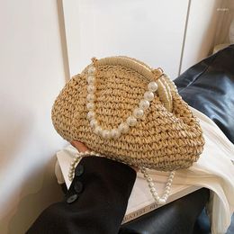 Shoulder Bags Pearls Chains Shell Straw Bag Beaded Woven Cloud For Women Handbag Paper Rope Beach Crossbody Dumpling Tote