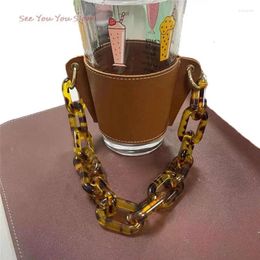 Cups Saucers Top Cup Holder Portable Glass Bottle Leather Case Eco-friendly Coffee Bag Detachable Chain For Travel