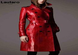 Lautaro Autumn Long Red Crocodile Print Leather Trench Coat For Women Belt Double Breasted Elegant British Style Fashion 2021 J2207409578