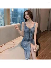 Work Dresses 2024 Women Two 2 Piece Set Sexy V-Neck Jeans Vest High Waist Button-up Denim Skirts Korean Style Office Lady Sleeveless Suits