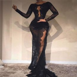 Black Sexy Mermaid Prom Dresses Long High Side Split Long Sleeves Evening Dress See through Zipper Open neck Cocktail Party Gowns 291S