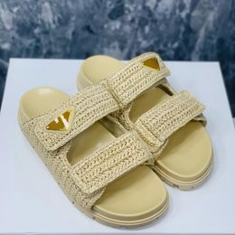 designer womens Flat platform slide slippers braided raffia comfort sandals with signature triangle open toes slipper shoes for women holiday sandal factory