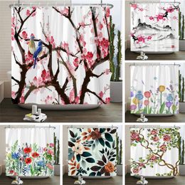 Shower Curtains Plum Blossom Flower Leaves Curtain Watercolor Plant Floral Pattern Waterproof Polyester Bathroom Decor With Hooks