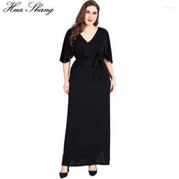 Party Dresses Black Summer For Women Maxi Long Dress V Neck Short Sleeve Belted High Waist Tunic Plus Size Clothing