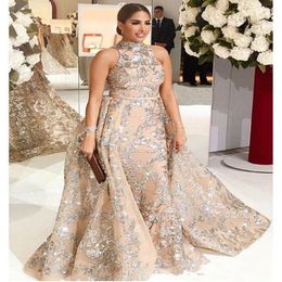 2020 New Yousef Dubai Arabic Evening Dresses Prom Gowns Overskirt Detachable Train Champagne Mermaid Lace Applique Party Dress High Nec 229p