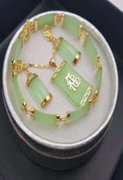 Natural Green Jade 18KGP Fortune Pendant Necklace Drop Earring Bracelet set5231206