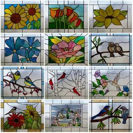 Window Stickers Film Stained Glass Custom Size Static Cling Frosted Flower Bird Print For Transom Home Decor