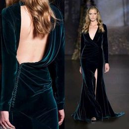 Elie Saab Dark Green Velvet Split Evening Dresses So Hot Deep V-neck Backless Long Sleeve Sheath Occasion Formal Party Dress 250o