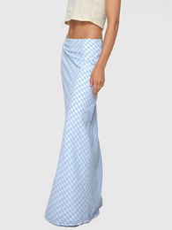 Skirts Women S Spring Summer Long Skirt Sky Blue Slim Plaid For Travel Beach Shopping