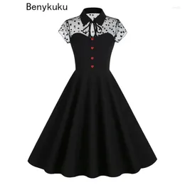 Party Dresses Button Front Dot Floral Mesh Vintage Turn-Down Collar Elegant Women Summer Short Sleeve Gothic Black 50s Swing Dress