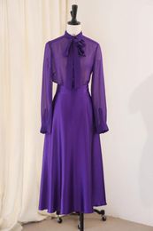 Casual Dresses 2024 Spring/Summer Purple Silk Big Bow Half Open Neck Perspective Long Sleeved Midi Dress A-line Length Woman Skirt