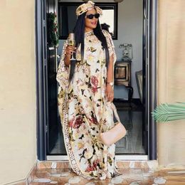 Plus Size Dresses 2024 African Women Bohemian Silk Printed Long Dress With Scarf Summer Promotion Muslim Lady Quality Robe Kaftan