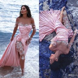 Aso Ebi Arabic Jumpsuits Evening Dresses Long Sleeve Off The Shoulder Split Prom Dresses Pink Formal Party Pageant Gowns 189W