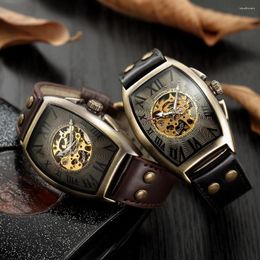 Wristwatches SHENHUA Vitage Men Skeleton Watches Automatic Mechanical Leather Strap Tonneau Dial Luminous Pointer