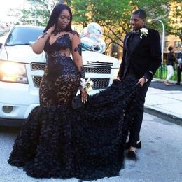2018 Luxury Sexy Black Mermaid Prom Dresses High Neck Long Illusion Sleeves Back Zipper Plus Size Custom Made Formal Evening Gowns 278g