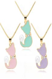 1pc Ladies Enamel Cat Drops Oil Zircon Pearl Colour Tail Necklace Animal Puppy dog Cartoon Creative Pets Pussy Pendant Lucky woman 8078835