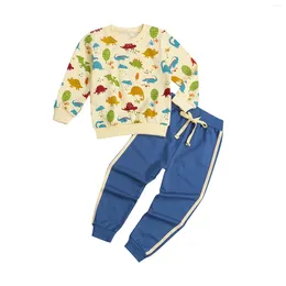 Clothing Sets 2 Pcs Boys Casual Outfits Animal Print Long Sleeve Round Neck Sweater Color Block Trousers With Drawstring 2024 Fashion