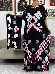 Ethnic Clothing Latest African Dashiki Solid Cotton Floral Summer Dress Printed Short Slve Loose African Women Casual Dress with Scarf T240510