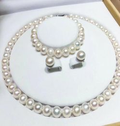 Fine pearls Jewellery high quality 17inches 8MM SOUTH SEA WHITE PEARL NECKLACE BRACELET EARRING SET 14K GOLD1906958