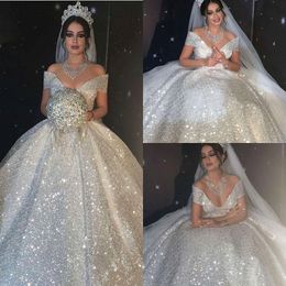 Shiny Sequined Ball Gown Wedding Dresses Princess Off Shoulder Sexy Bridal Gowns Dubai Arabic Sweep Train Vestidos De Novia Second Rece 2104