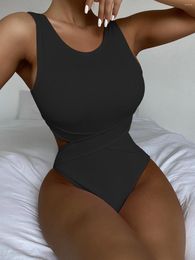 Women's Swimwear One Piece Swimsuit 2024 Black Orange Women Cut Out Bathing Suit Beachwear Monokini Female Swimming Suits