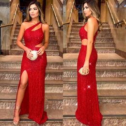 2019 Red One Shoulder Sequins Mermaid Long Evening Dresses Split Cut Away Sweep Train Formal Party Evening Gowns BC1663 2866