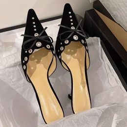 Rivet High Slippers Bow Pointed Pumps Women Fashion Designer Mule Shoes Suede Stiletto Heel Slingback Sandals Female