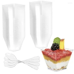 Disposable Cups Straws 20/50Set 60ml Square Dessert Plastic Mousse Clear Ladder Pudding Jelly Cake Party Supplies