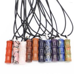 Pendant Necklaces Natural Stone Agate Crystal Bamboo Necklace Black Leather Rope Lobster Buckle Accessories Fashion Jewellery Wholesale 6Pcs