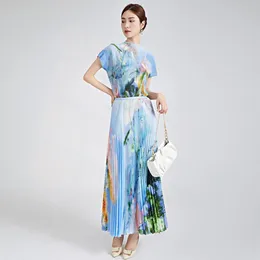 Work Dresses Summer Fashion Print Half High Neck Short Sleeve T-shirt A-line Skirt Three House Pleated Set Women's Two Piece