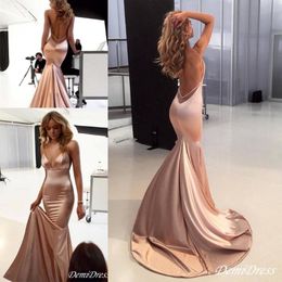 Sexy Nude Mermaid Evening Prom Dresses 2019 Spaghetti Backless Sweep Train Backless Simple Stain Occasion Red Carpet Prom Gowns Cheap 302V