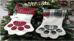 Christmas Stocking Monogrammed Pet Dog Paw Gift Bag Plaid Xmas Stockings Christmas Tree Ornaments Decorations Party Decor 2 Styles6689236