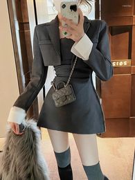 Work Dresses 2024 Slim Elegant Dress Suit Autumn Black 2 Piece Set Women Blazer Coat Strap Female Korean