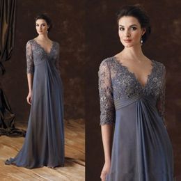 Elegant Empire Waist Mother of the Bride Dresses Lace Half Sleeves Evening Dresses V Neck Chiffon Long Wedding Guest Dress M98 298r