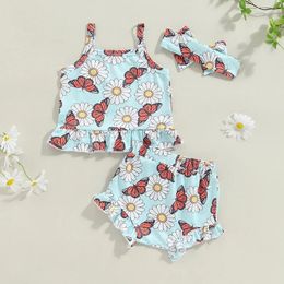 Clothing Sets Baby Girl Summer Outfits Floral Butterfly Print Square Neck Cami Tops With Ruffled Shorts And Bow Headband