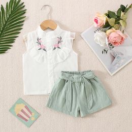 Clothing Sets (0-3 Years Old) Summer Baby Girl Cotton Flower Embroidery Sleeveless Top And Shorts Two-Piece Set Of Cute Shirt Sho