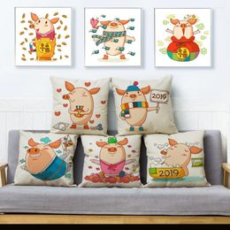 Pillow Funny Cute Cartoon Pig Print Cover Beige Linen Covers 45 Square Throw Pillows Cases Sofa Home Decor Pillowcase