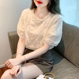 Women's Blouses Summer O-neck Beaded Chiffon Shirt Women Sweet Loose Square Neck Puff Short Sleeve Tops Casual Hooked Flower Apricot Blouse