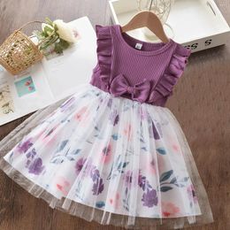 Girl Dresses Summer Mesh Flying Sleeve Dress Girls 2024 Fashion Cute Little Floral Casual Wear 1-5Yrs Children's Clothes