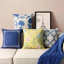 Pillow Vintage Blue Gemetric Cover Linen Cotton Decorative Home Decor Flowers Throw Pillows Pillowcase 45cm