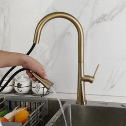 Kitchen Faucets Brushed Gold Faucet 360 Swivel & Pull Out Rotated Sink Mixer Tap Deck Mounted 2 Modes Spray Solid Brass